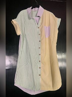 Umgee Pastel Stripe Colorblock Shirt Dress in Mint, Yellow & Lilac